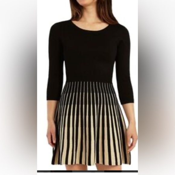 French Connection Womens Dress Size 4 Black Cream Knit 3/4 Sleeve A-line - Picture 1 of 6